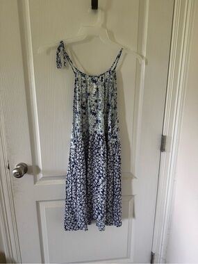 Tie-Shoulder Blue and White Floral Midi Dress